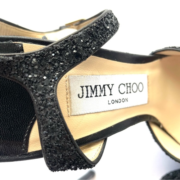 JIMMY CHOO‎ Jenna 150 Platform Stiletto Heels EU 37.5 BLACK GLITTER Ankle Strap - Picture 4 of 8